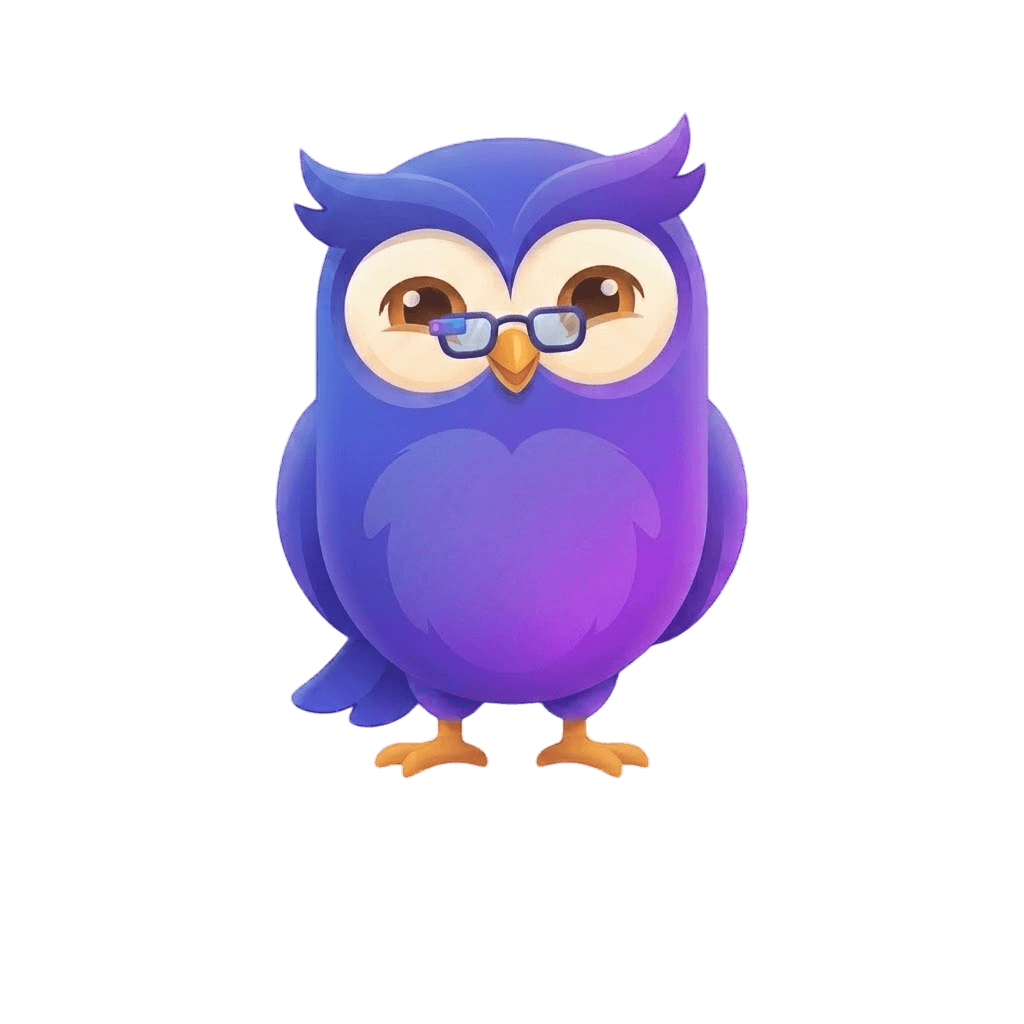 Lumina, a purple owl in glasses
