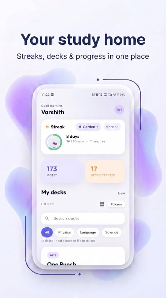 Lumina dashboard with streak, decks, and progress