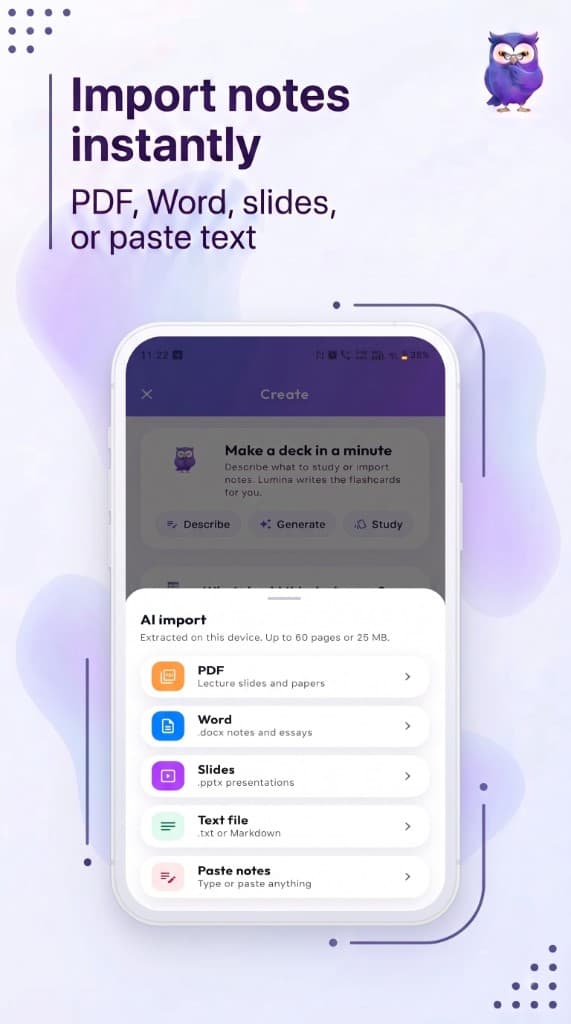 Lumina AI import from PDF, Word, slides, or pasted text
